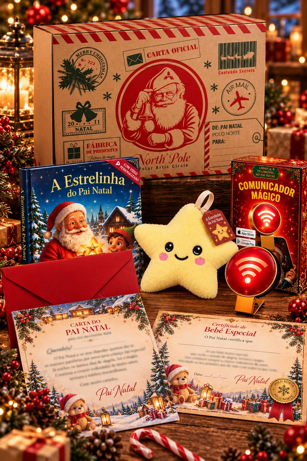 Kit Bebé Carta do Pai Natal com caixa, livro A Estrelinha do Pai Natal, carta, comunicador e estrela de peluche