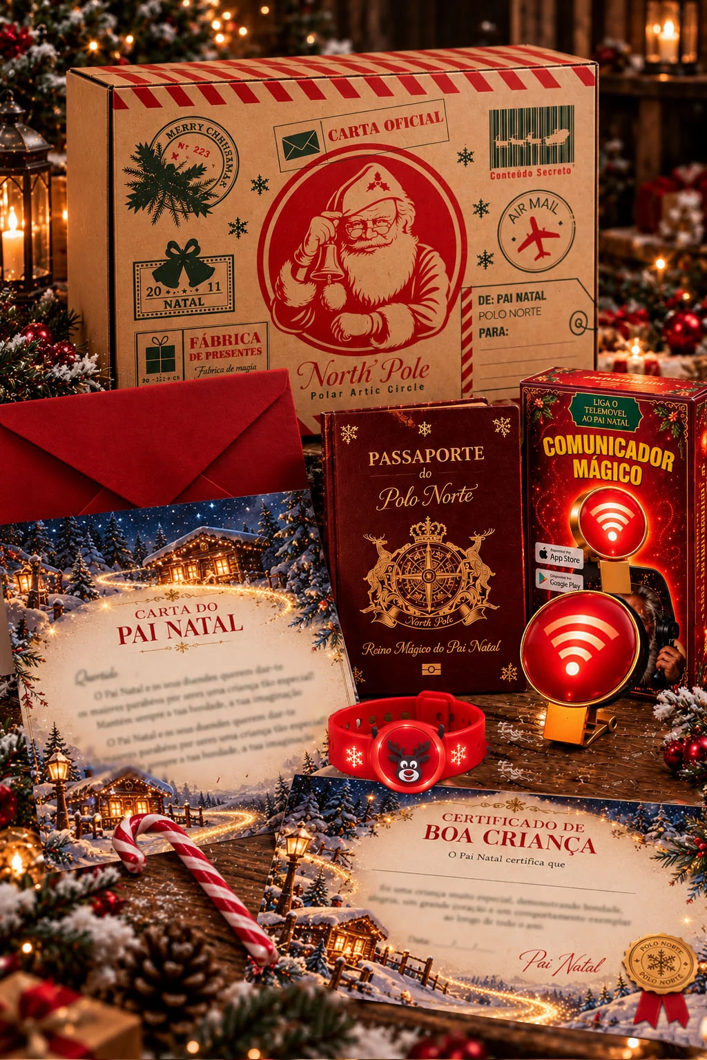 Kit Criança Carta do Pai Natal com caixa, carta, passaporte, comunicador e pulseira do Rudolfo