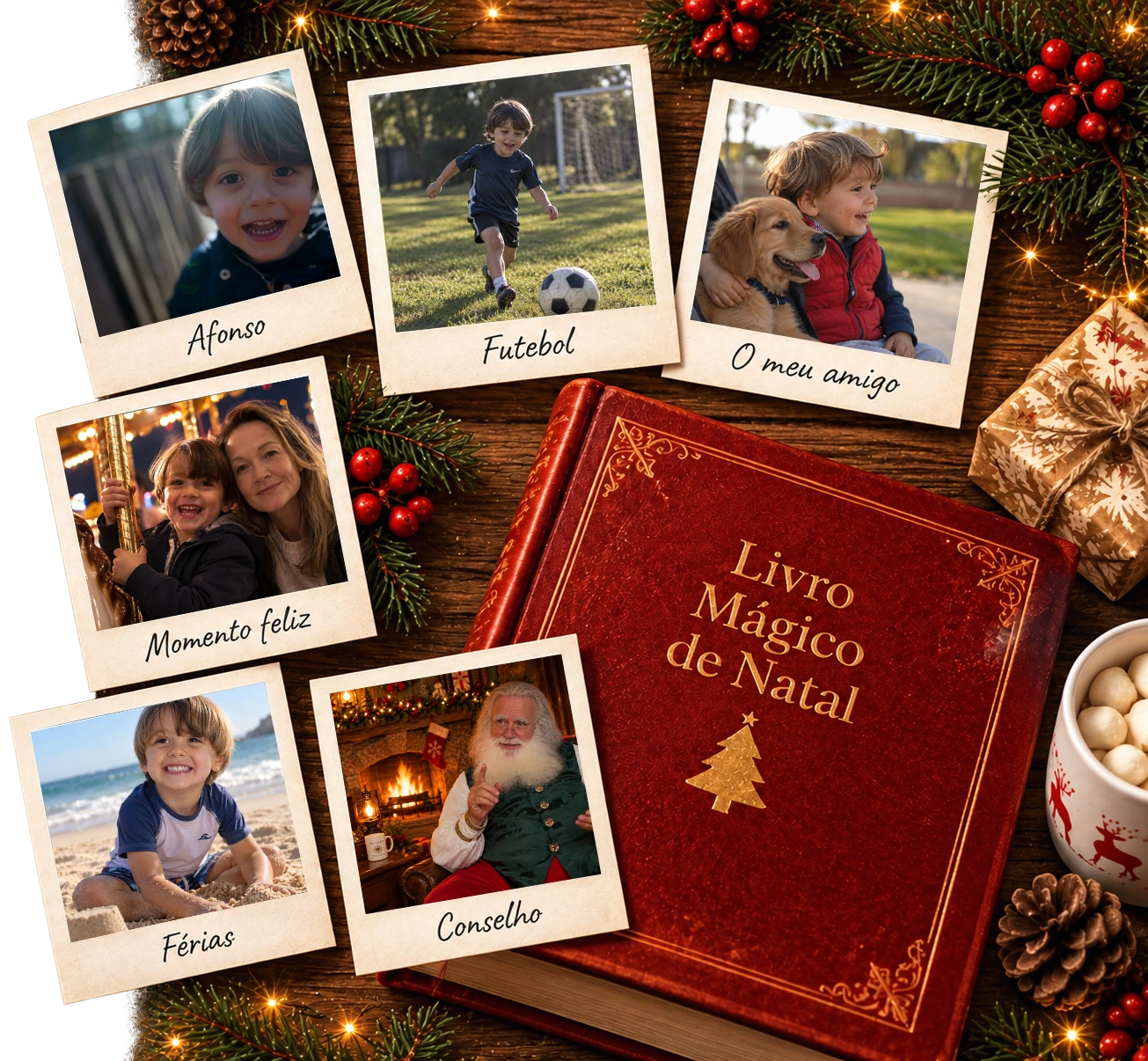 Seis fotografias personalizadas de uma criança, o Livro Mágico de Natal, presente e decoração natalina