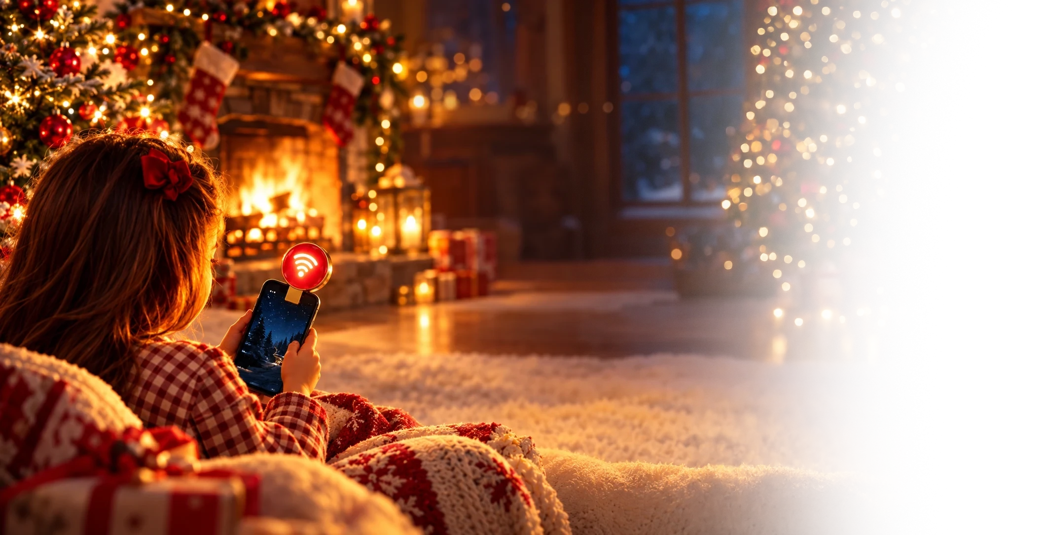 Criança com o Comunicador Mágico junto à lareira, pronta para falar com o Pai Natal